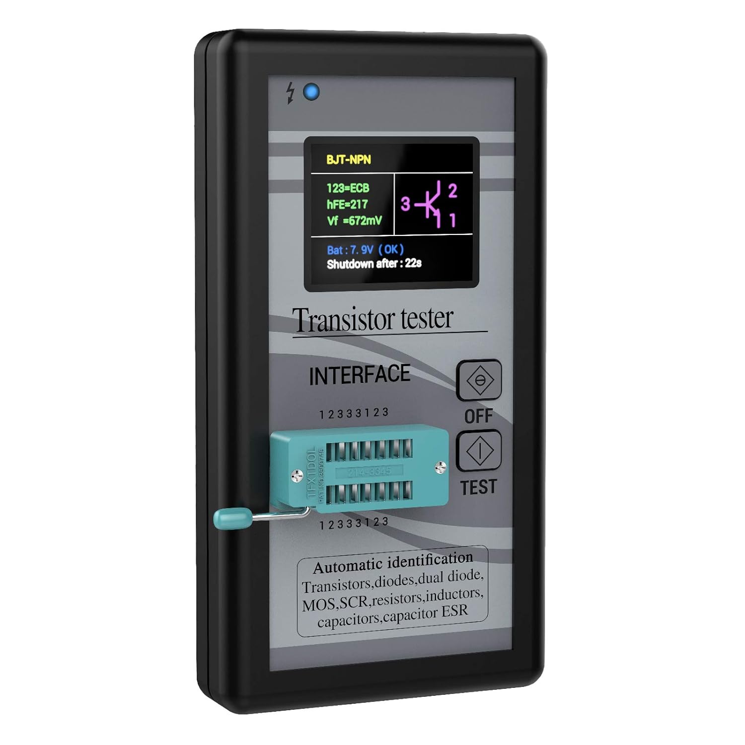 DROK Transistor Tester LCR Meter, Mosfet Transistor Capacitor Tester, Mega328 NPN PNP Transistor Diode Resistor Inductor Capacitance MOS SCR ESR Meter Automatic Checker Detector