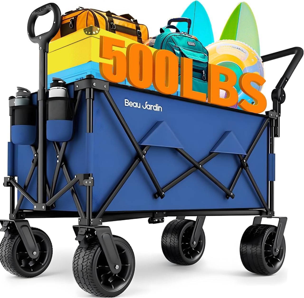 BEAU JARDIN Folding Push & Pull Beach Wagon 500 lbs Collapsible Foldable Wagons with Push Handle All Terrain Wheels Grocery Utility Camping Sports Garden Wagon Cart Blue