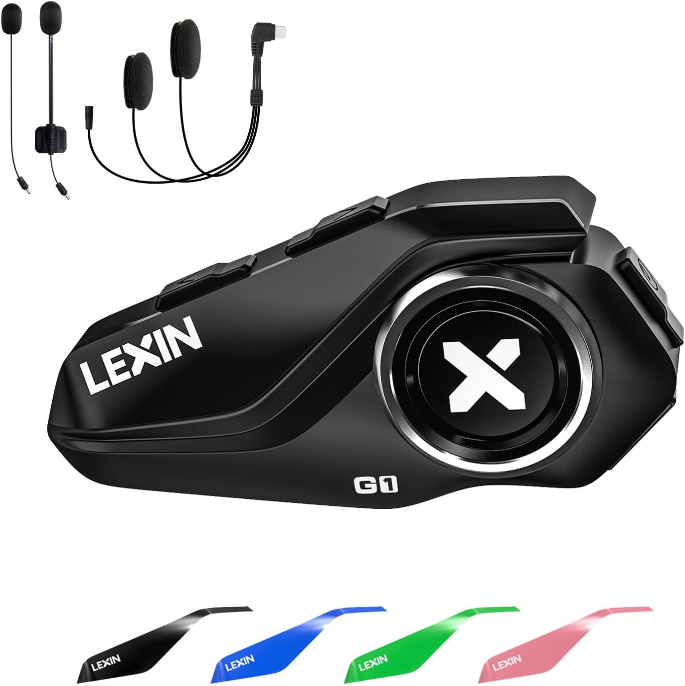 LEXIN G1 Motorcycle Bluetooth Headset, Helmet Speakers with 2 Type Mics, Hands-Free Call/Music/GPS, IP67 Waterproof Motorcycle Headphones with HD Stereo Loud Sound, 4 Color Faceplates, Singe Use