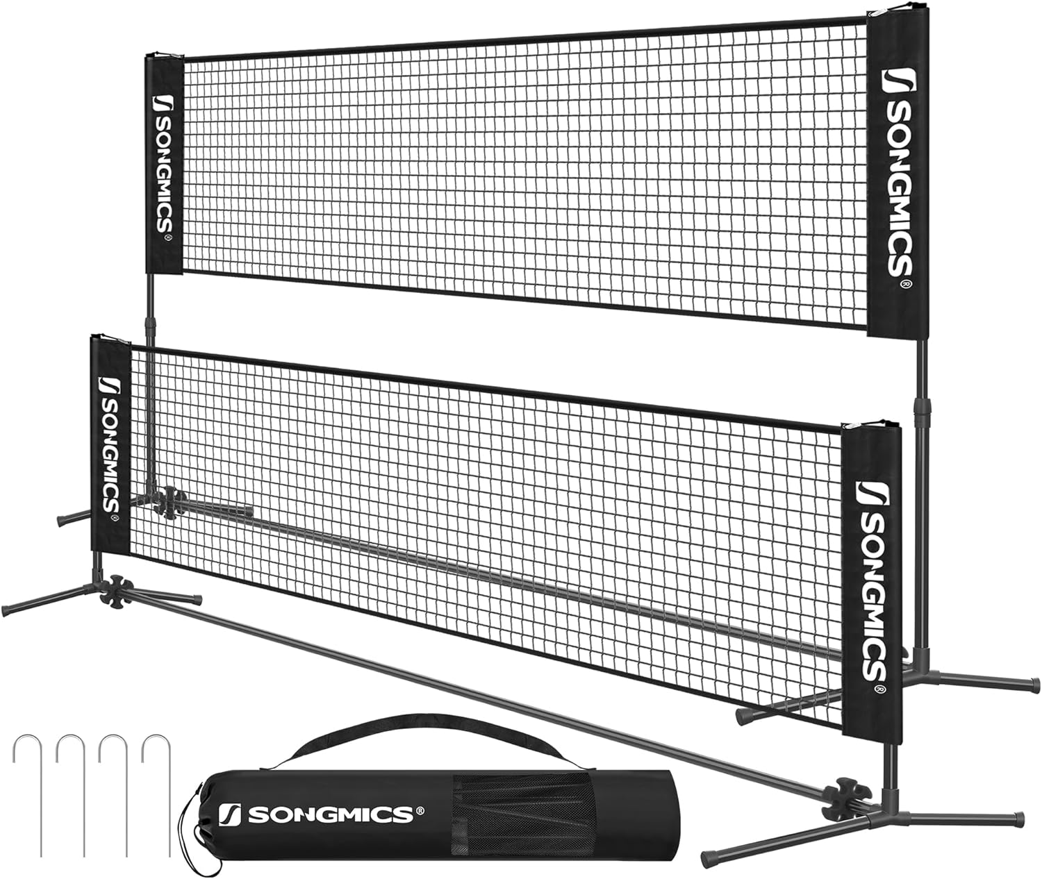 SONGMICS Badminton Net, Height Adjustable Volleyball Net, Pickleball Net for Junior Tennis, Kids, Indoor Outdoor Court, Foldable Nylon Net with Poles