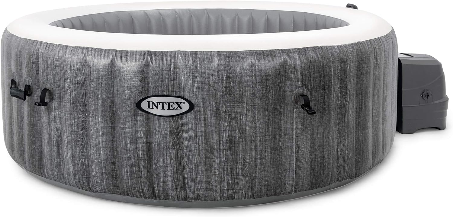 Intex Greywood Deluxe 4 Person Outdoor Portable Inflatable Hot Tub Spa with Multi-Color LED Light, Foam Headrests, and 140 Soothing Bubble Jets