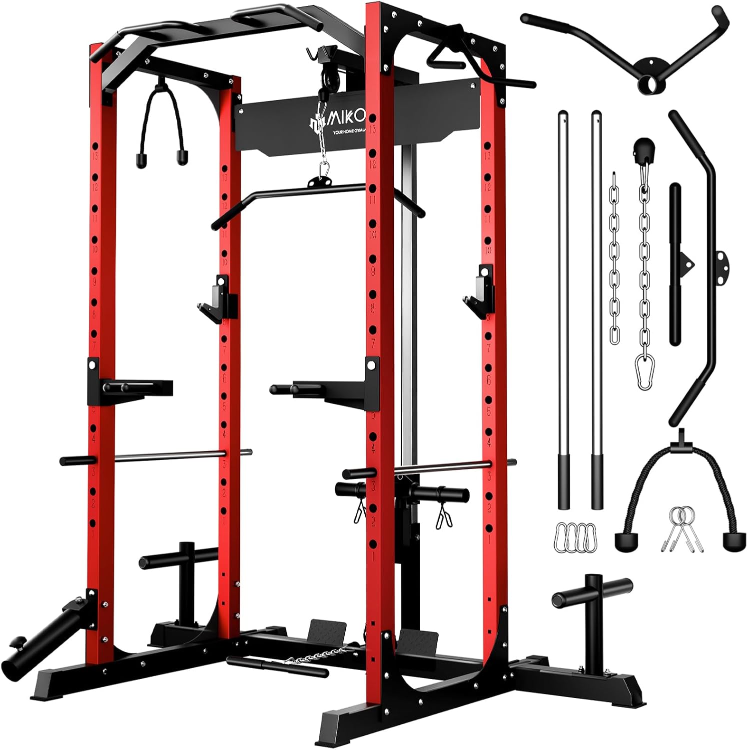 Mikolo Power Cage, Power Rack with LAT Pulldown, 1200 Pounds Capacity Workout Cage with More Training Attachments, Squat Rack for Home Gym, F4 Versions
