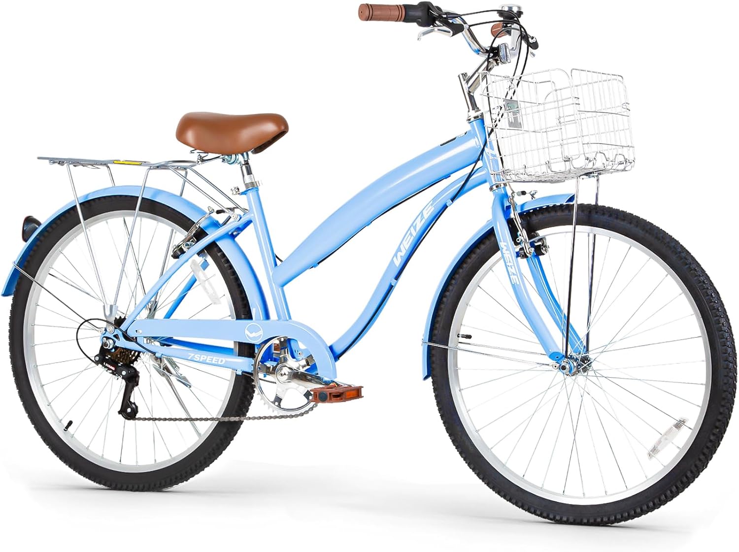 WEIZE Beach Cruiser Bike, 26 inch 7-Speed Commuter Bicycle | High-Carbon Steel Frame | Front & Rear Fenders | with Rear Rack or Basket | for Adult Men and Women | Ergonomic Upright Design | Comfortable City Bike