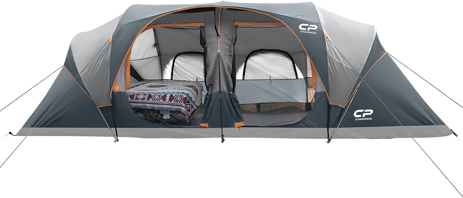 CAMPROS CP Tent 12-Person-Camping-Tents,3 Room Family Tents,Waterproof Windproof Family Tent with Top Rainfly,6 Large Mesh Windows,Double Layer,Easy Set Up, Portable with Carry Bag