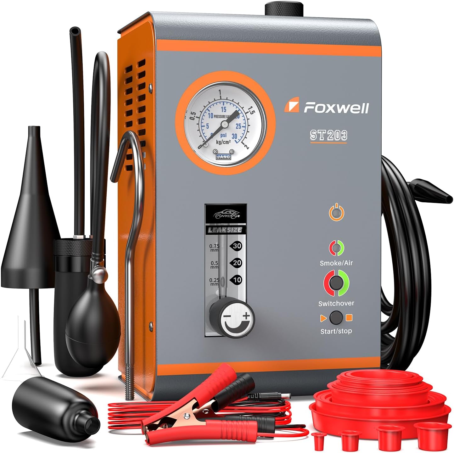 FOXWELL ST203 Smoke Machine Automotive Leak Detector, Auto Emission EVAP Diagnostic Smoke Machines with Built-in Air Pump, Pressure Gauge and Flowmeter, Vacuum Intake Exhaust Smoke Tester for Cars