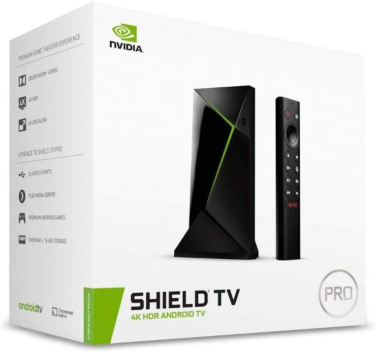 NVIDIA SHIELD Android TV Pro Streaming Media Player; 4K HDR movies, live sports, Dolby Vision-Atmos, AI-enhanced upscaling, GeForce NOW cloud gaming, Google Assistant Built-In