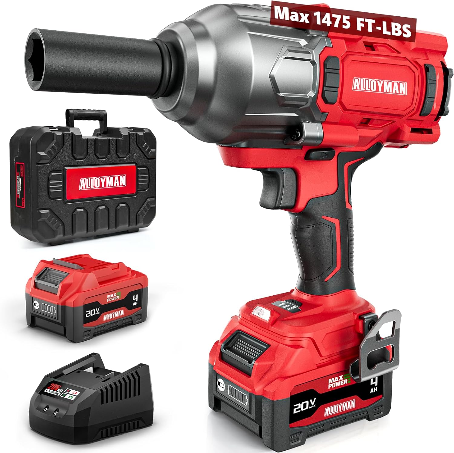 Alloyman Cordless Impact Wrench, 1475Ft-lbs (2000N.m) 1/2 High Torque Brushless Impact Gun, 20V Power Impact Driver, 4000mAh Battery,3 Sockets, Brushless Motor Variable Speeds for Car/Truck RV/Mower