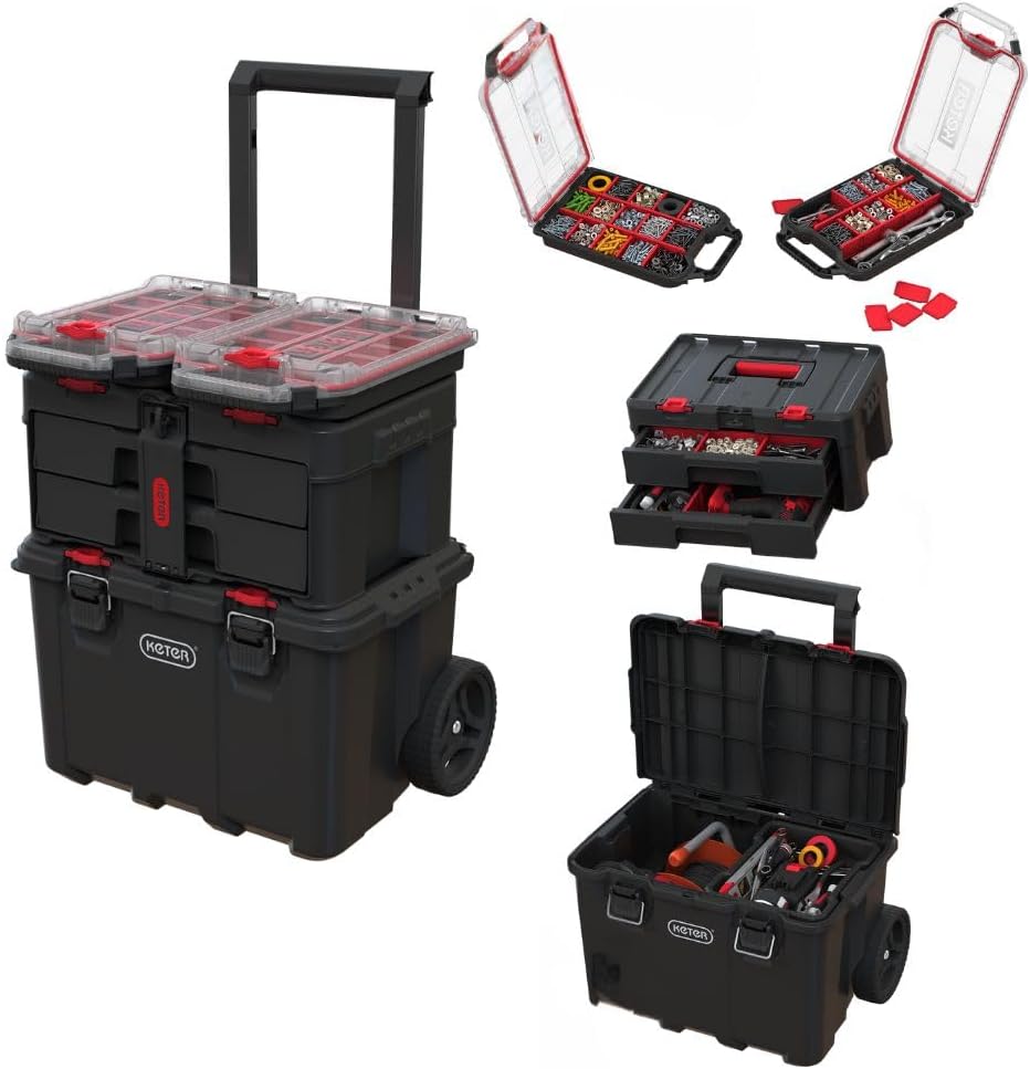 Keter Stack-n-Roll Modular Tools Organizer for Garage Storage and DIY, 4 Piece Resin Rolling Tool Box System for Small Parts, Black