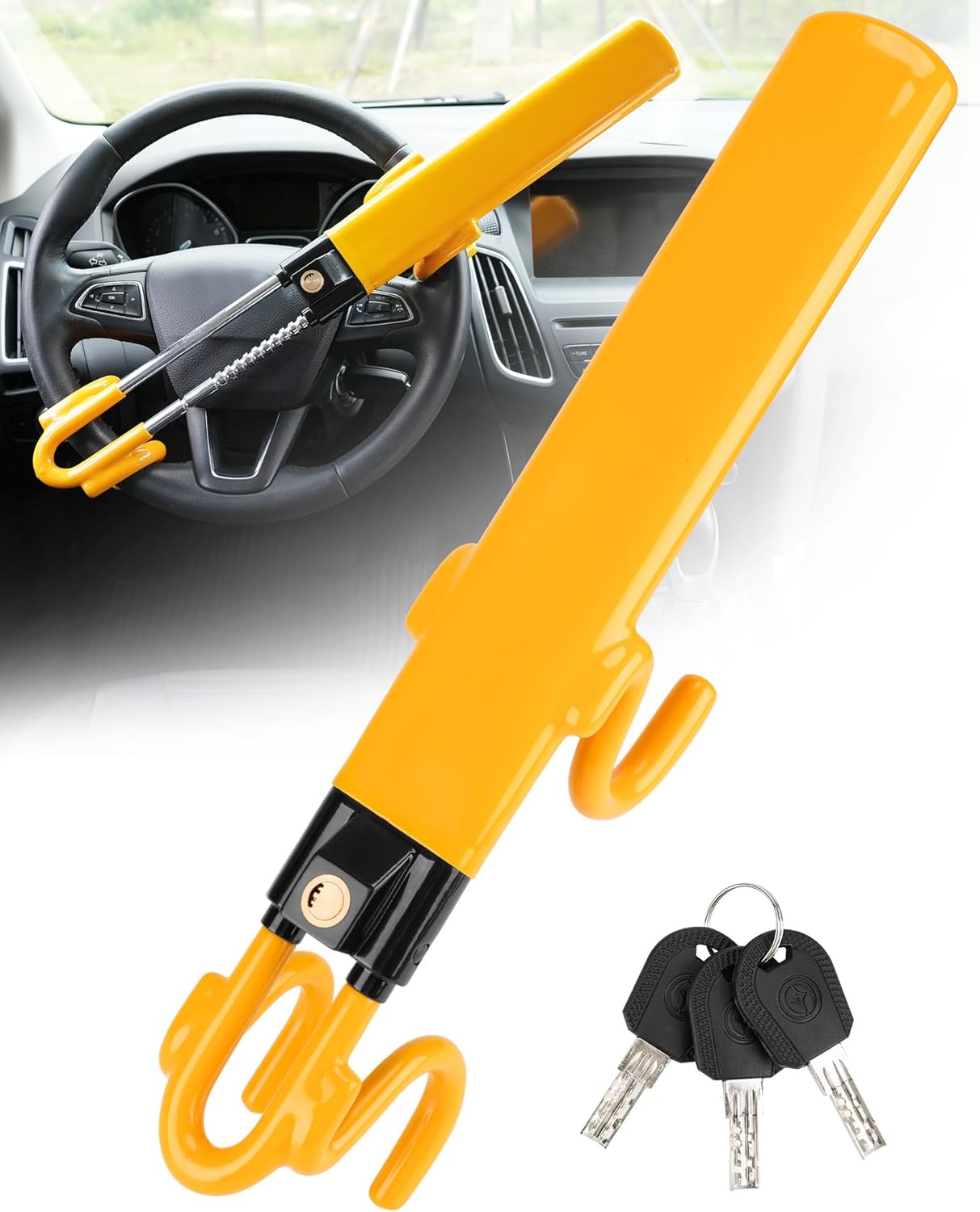 Tevlaphee Steering Wheel Lock - Heavy Duty Antitheft Device and Car Security Lock with Adjustable Locking and 3 Keys - Great Vehicle and Truck Deterrent (Yellow)