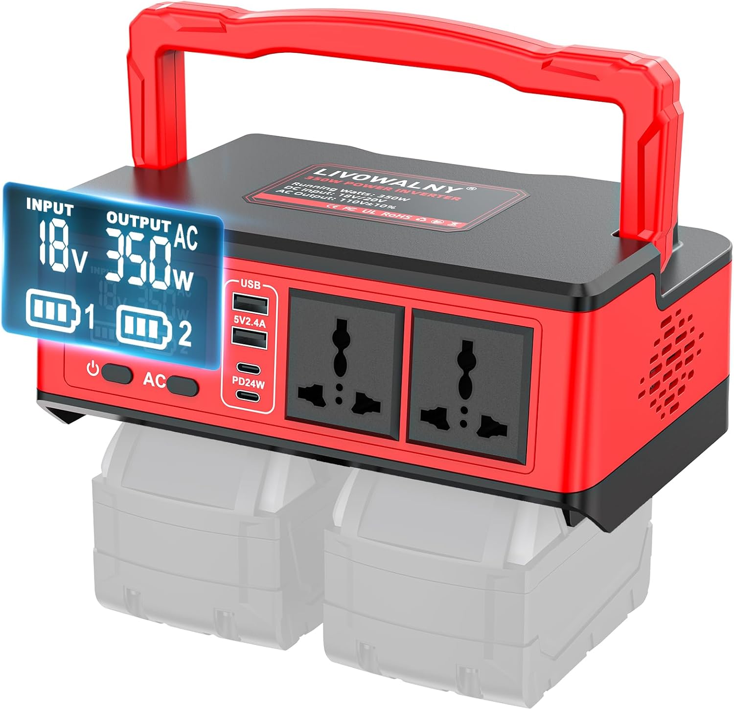 350W Power Station Compatible with Milwaukee: LIVOWALNY Portable Generator DC 18V to AC 110-120V Power Inverter Battery Adapter Phone Charger 2 USB-A & 2 Type-C & 2 AC Outlet & 7 Colors RGB Light