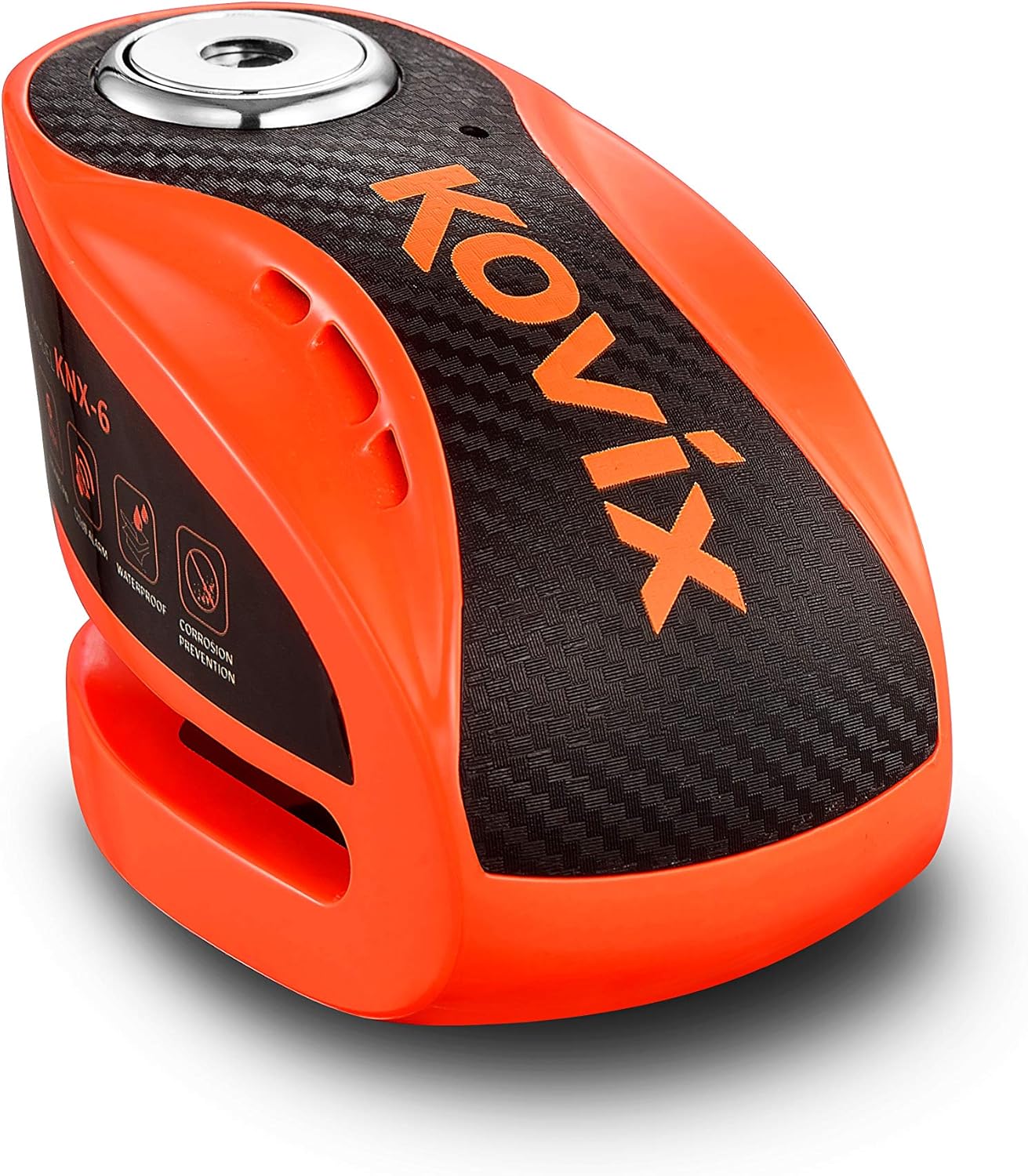 Kovix KNX6 Steel 120dB Siren Disc Brake Lock 6mm Lock Pin IP67 Waterproof Motorcycle Security Fluorescent Orange