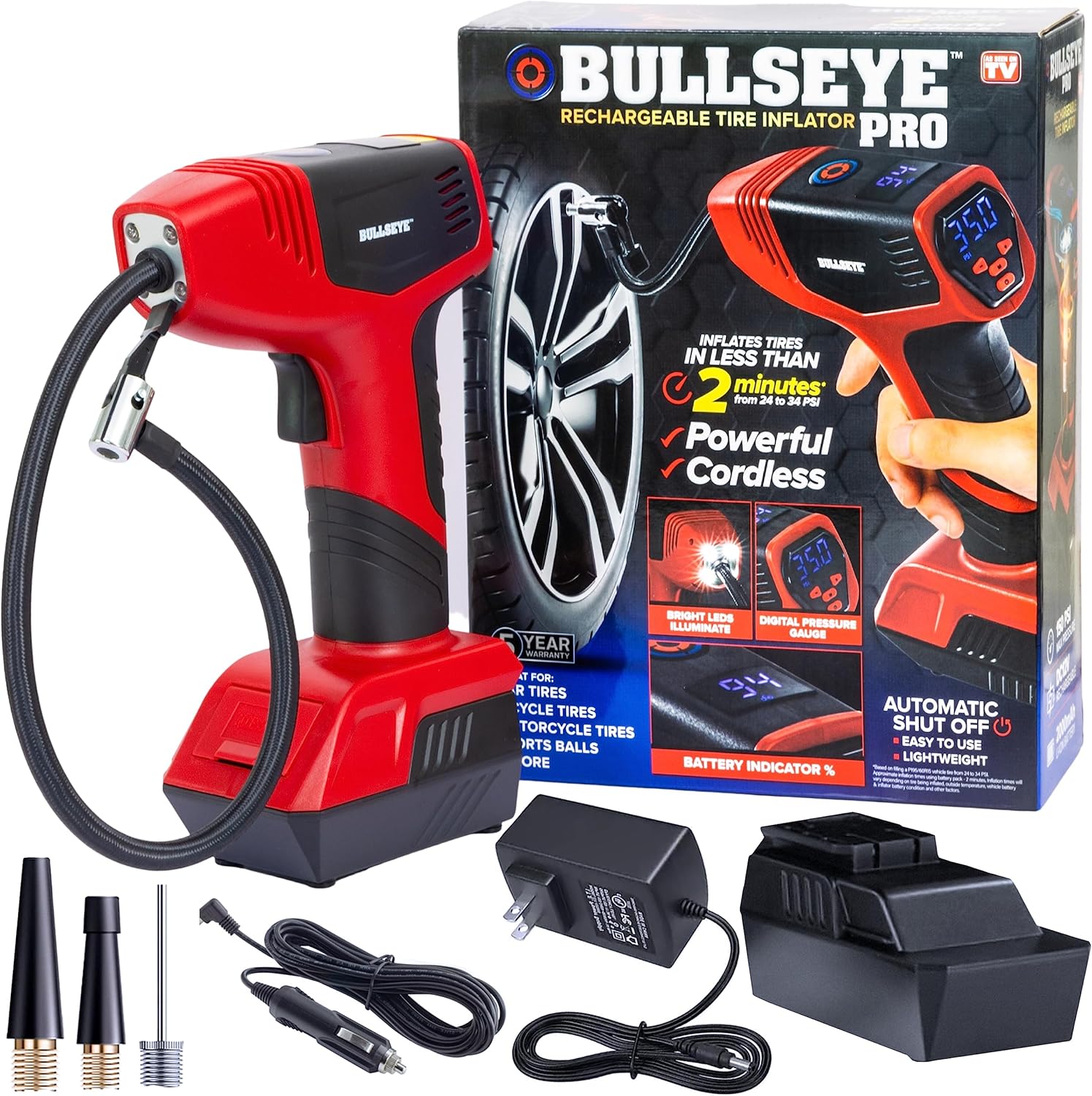 BULLSEYE PRO Tire Inflator with Pressure Gauge, Compact and Portable, Automatic Shut Off, 150 PSI Max, USB Home Rechargeable and Cord for Vehicular Use As Seen On TV