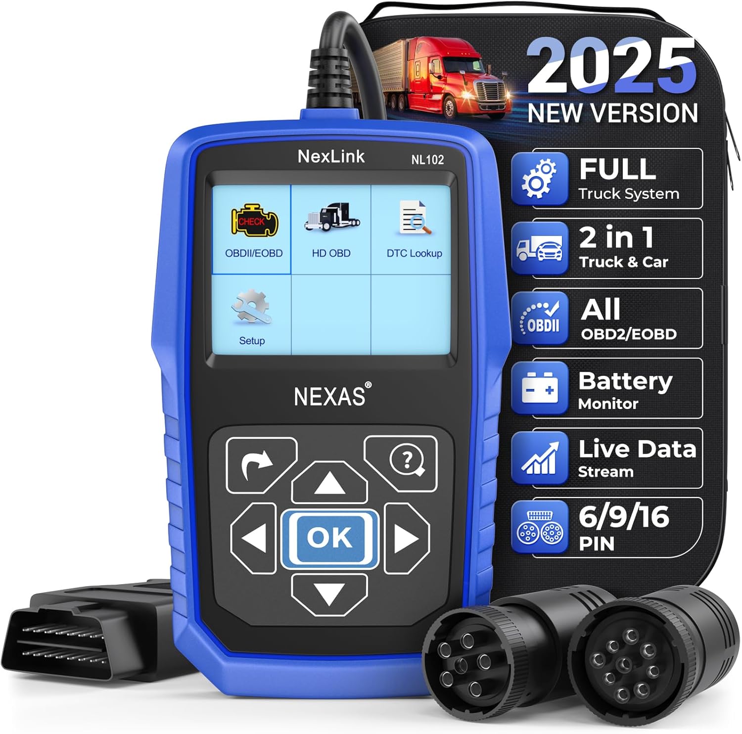 NEXAS Heavy Duty Truck Scanner NL102 Full System Diesel Truck Scan Tool for Cummins, Isuzu, Freightliner, Caterpillar, Detroit, Peterbilt, 2-in-1 Code Reader Read & Clear Fault Codes for Truck & Car