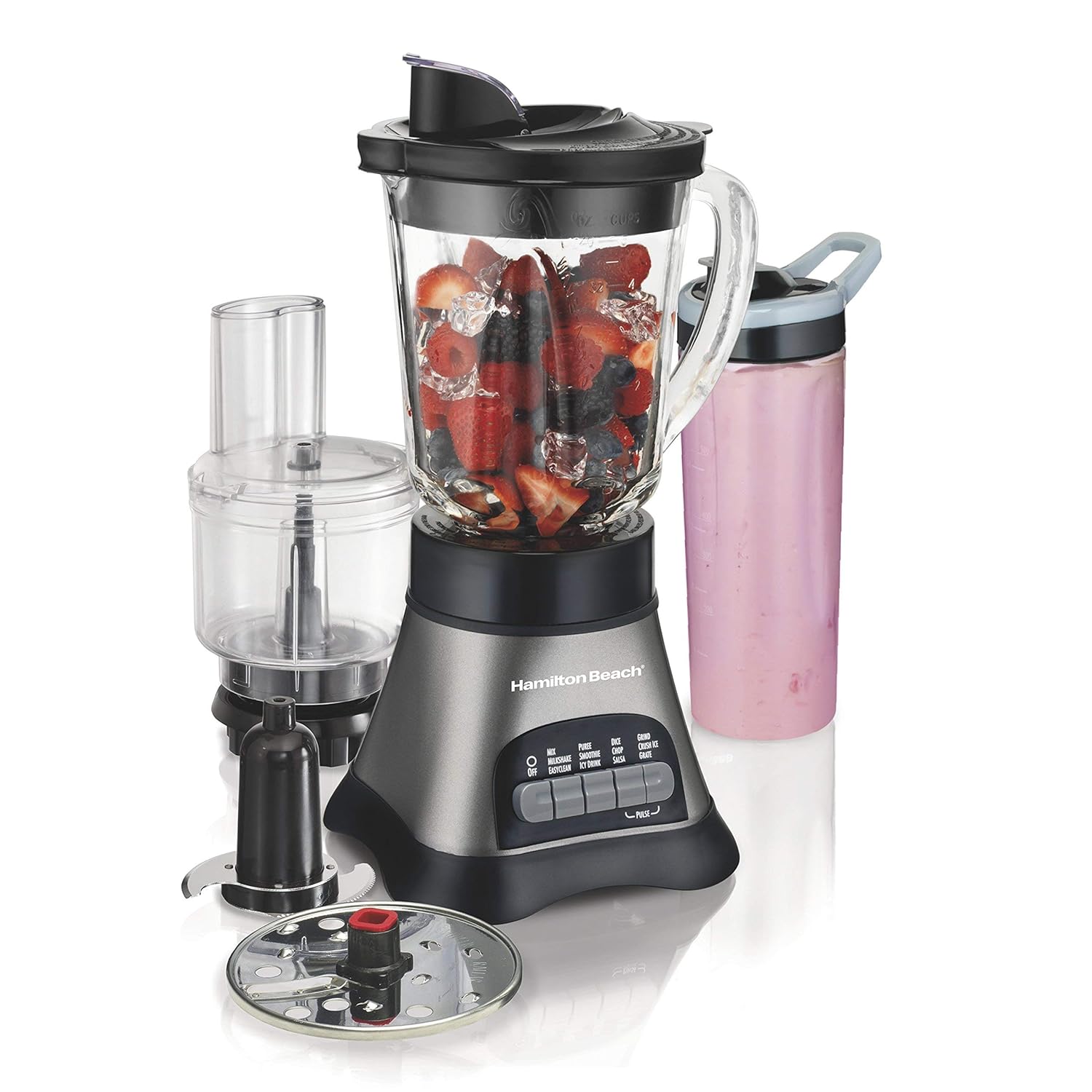 Hamilton Beach Blender and Food Processor Combo for Shakes & Smoothies, With 3 Cup Electric Food Chopper Attachment, 40 oz Glass Jar, Blender Travel Cup, 700 Watts Peak Power